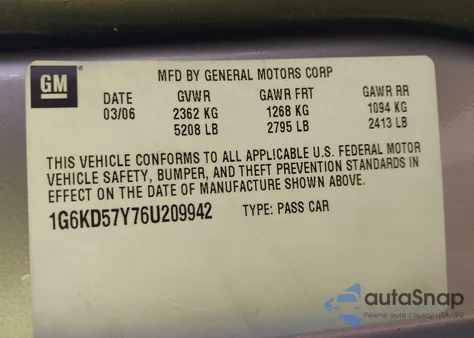 2006 Cadillac Dts Standard z USA, uszkodzony, nr VIN 1G6KD57Y76U209942